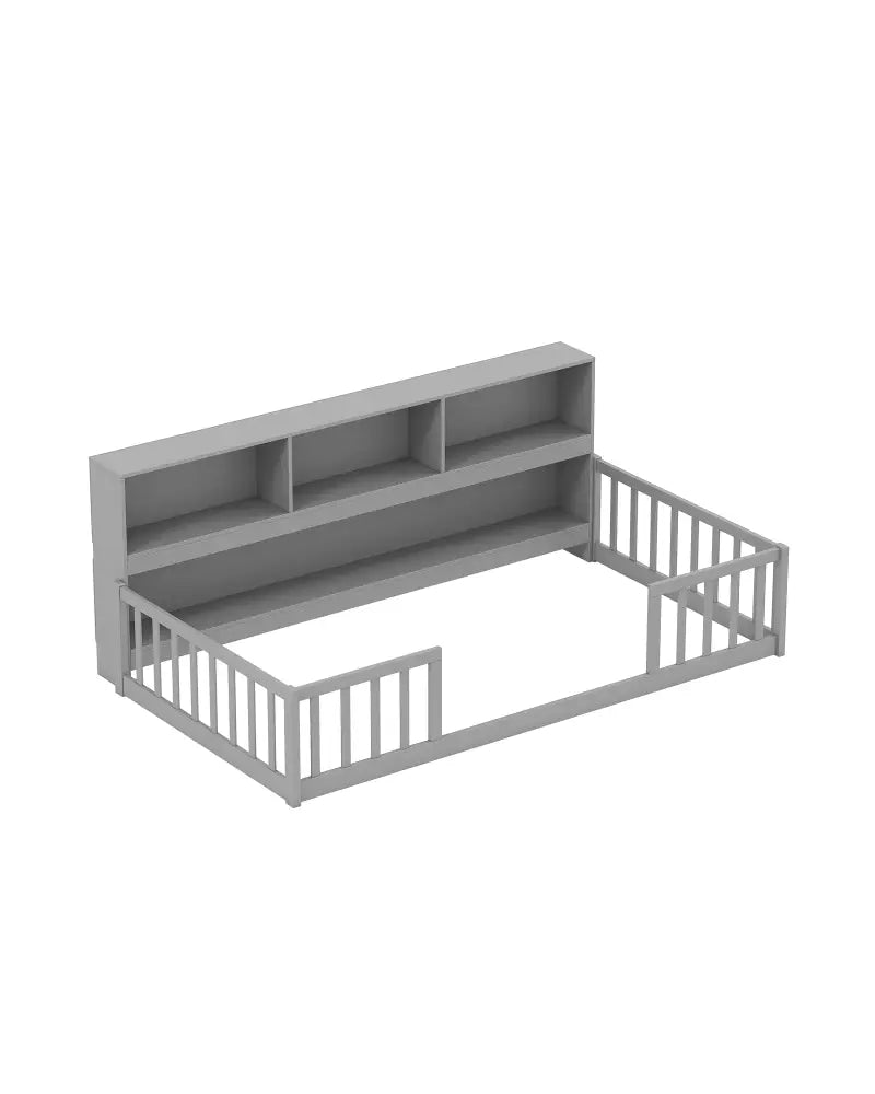 Twin Size Montessori Floor Bed with Bookcase-Gray - Gray - Trundle Bed Frame