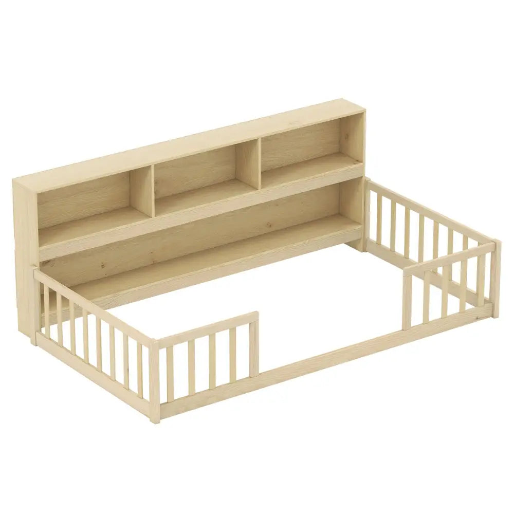 Twin Size Montessori Floor Bed with Bookcase-Natural - Natural - Trundle Bed Frame