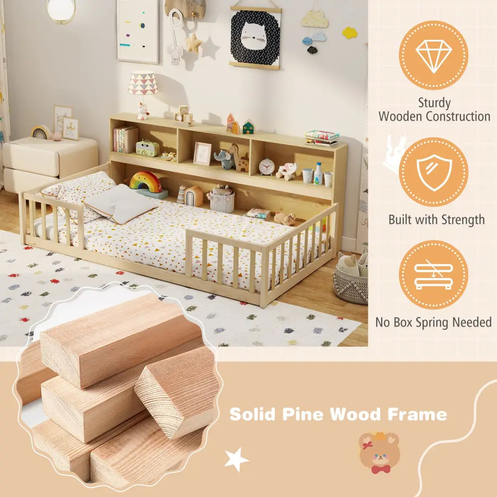 Twin Size Montessori Floor Bed with Bookcase-Natural - Natural - Trundle Bed Frame