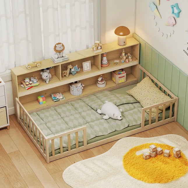 Twin Size Montessori Floor Bed with Bookcase-Natural - Natural - Trundle Bed Frame