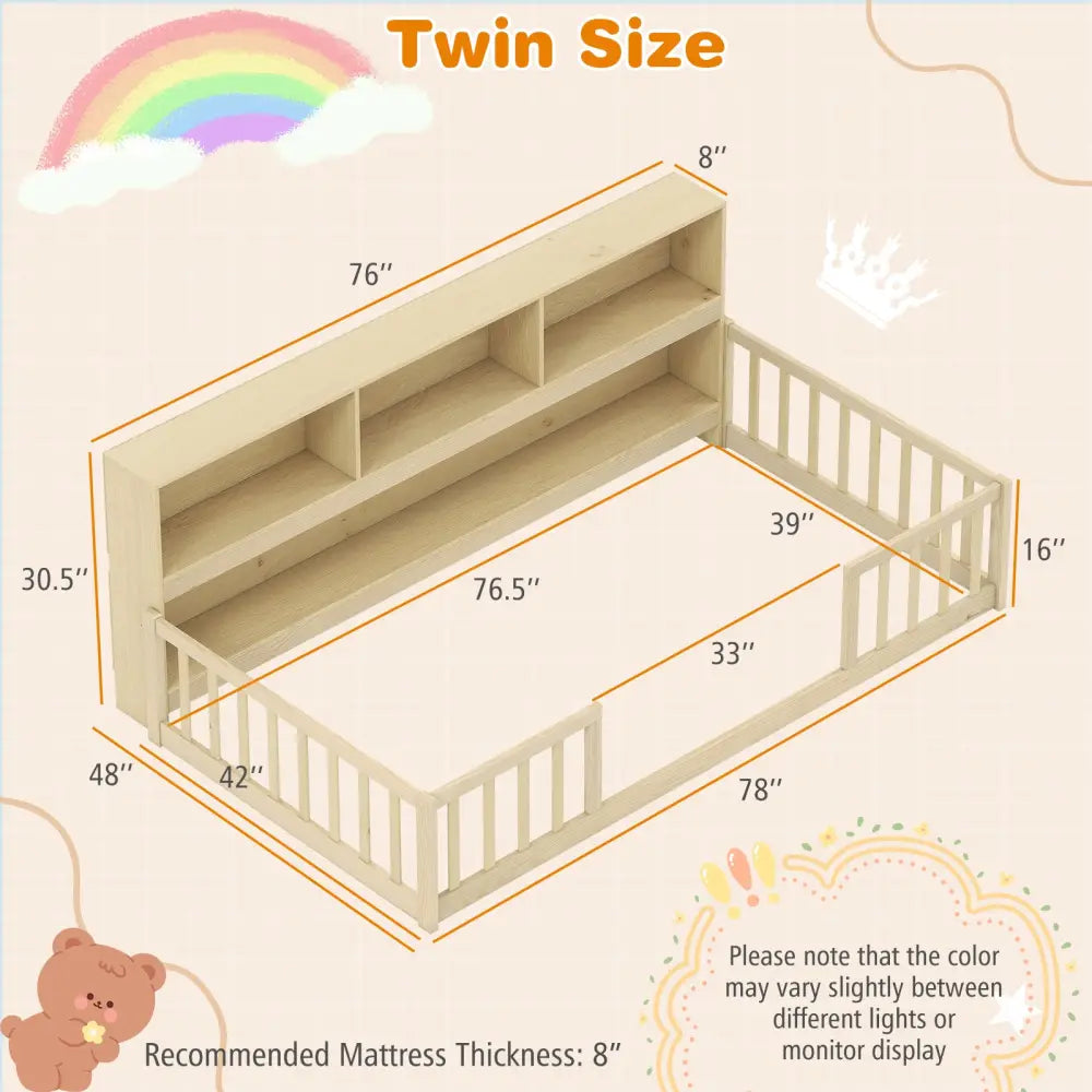 Twin Size Montessori Floor Bed with Bookcase-Natural - Natural - Trundle Bed Frame