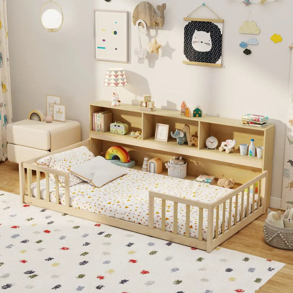 Twin Size Montessori Floor Bed with Bookcase-Natural - Natural - Trundle Bed Frame