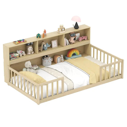 Twin Size Montessori Floor Bed with Bookcase-Natural - Natural - Trundle Bed Frame