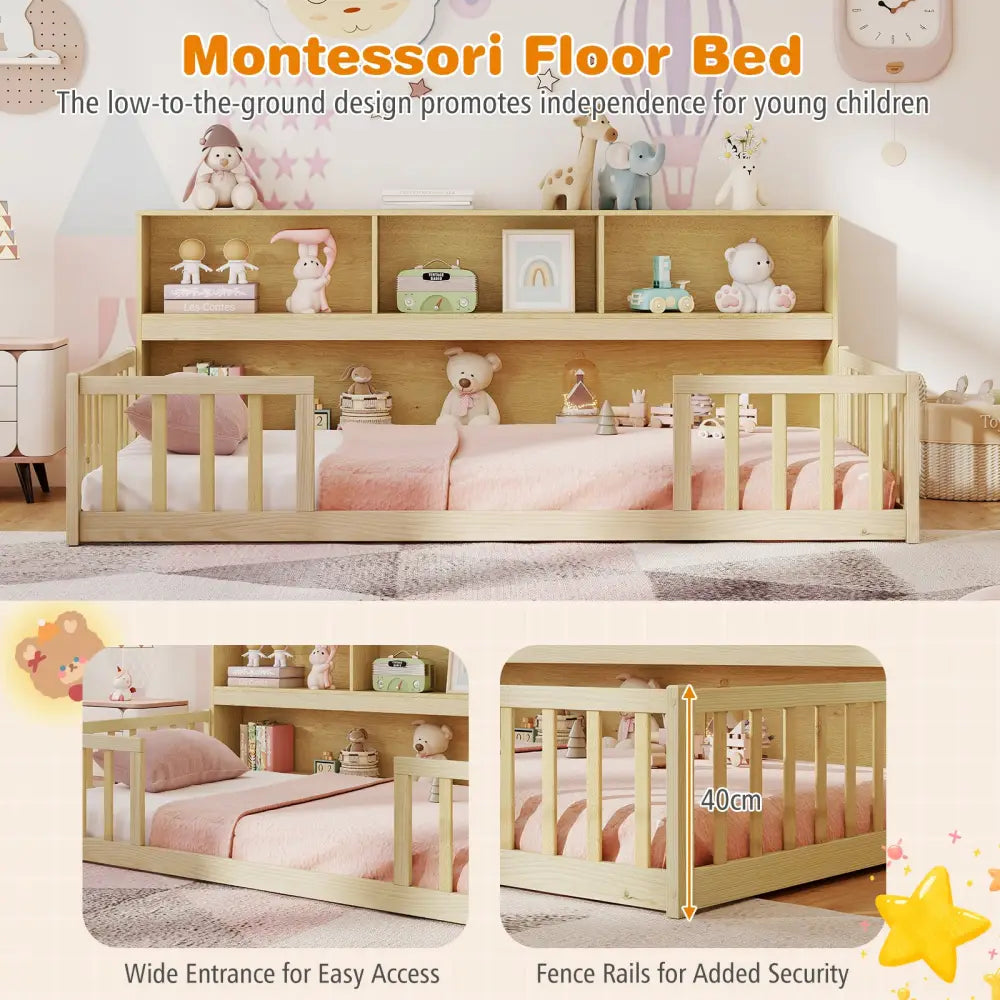 Twin Size Montessori Floor Bed with Bookcase-Natural - Natural - Trundle Bed Frame
