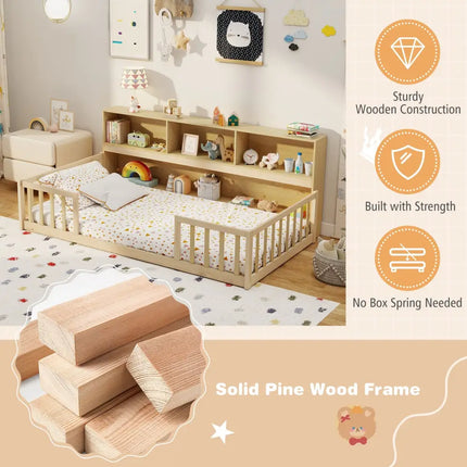 Twin Size Montessori Floor Bed with Bookcase-Natural - Natural - Trundle Bed Frame