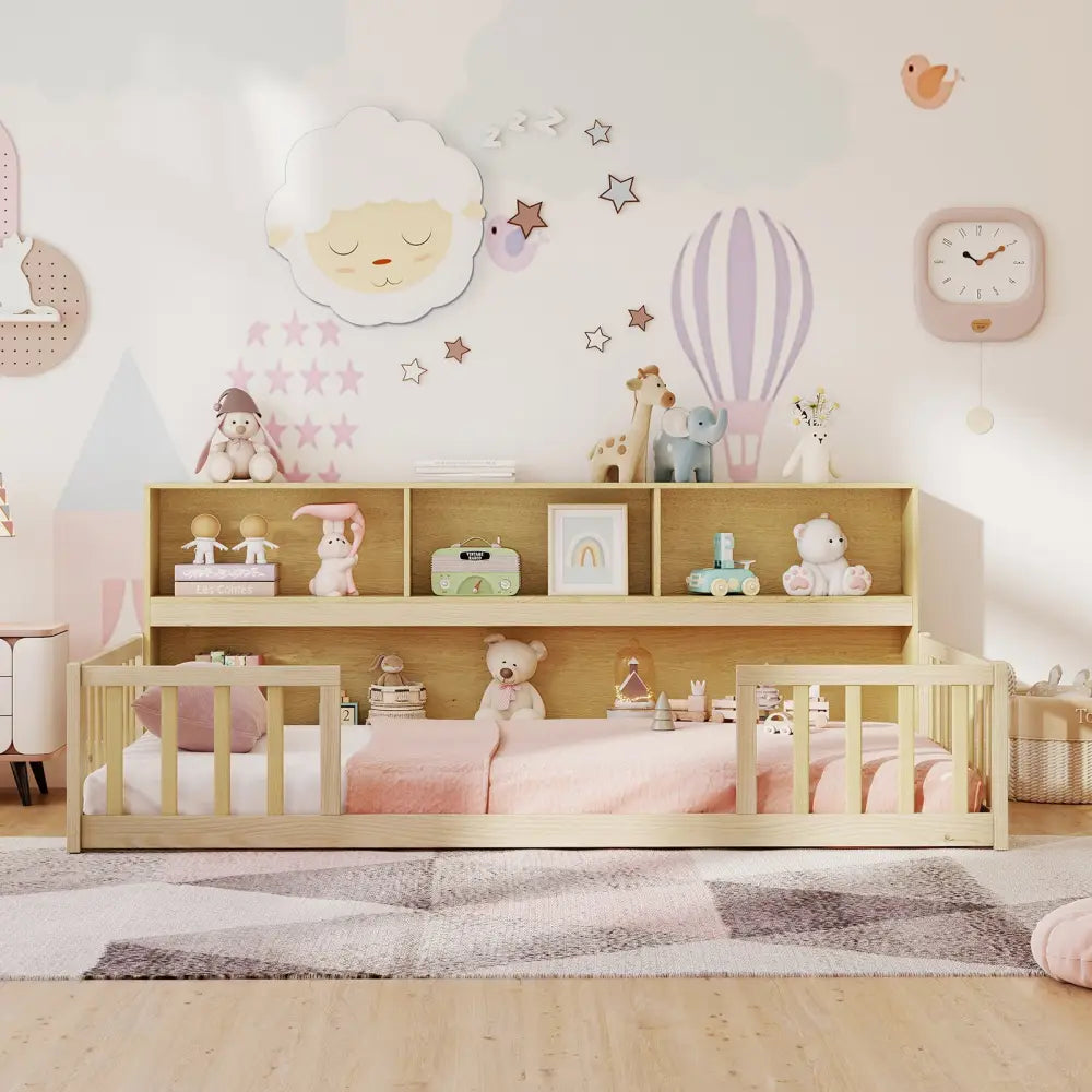 Twin Size Montessori Floor Bed with Bookcase-Natural - Natural - Trundle Bed Frame