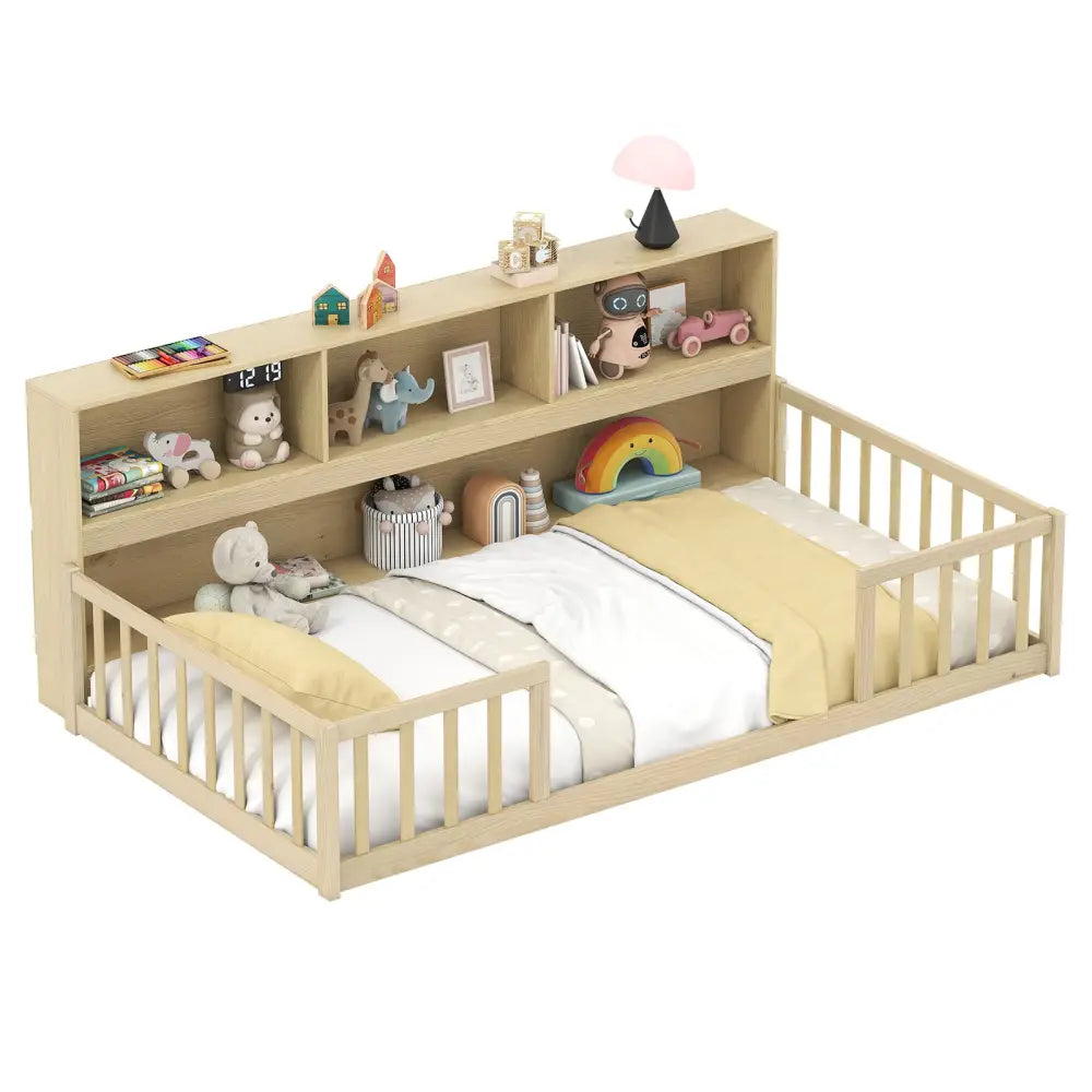 Twin Size Montessori Floor Bed with Bookcase-Natural - Natural - Trundle Bed Frame