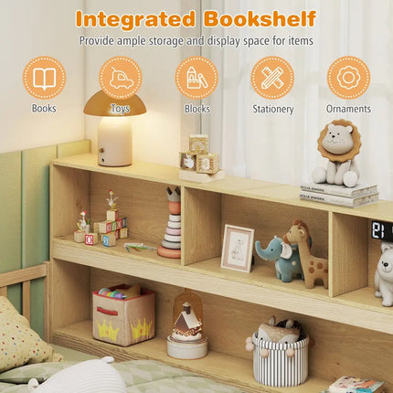 Twin Size Montessori Floor Bed with Bookcase-Natural - Natural - Trundle Bed Frame