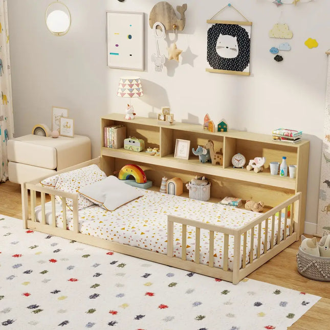 Twin Size Montessori Floor Bed with Bookcase-Natural - Natural - Trundle Bed Frame