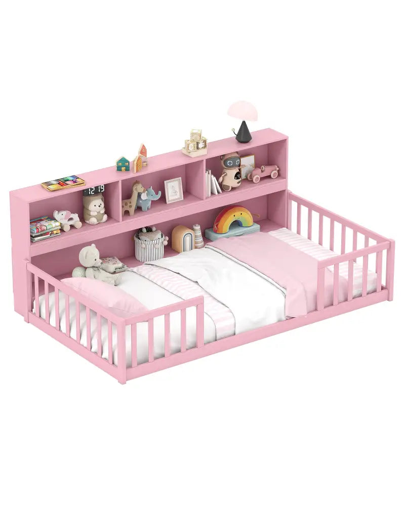 Twin Size Montessori Floor Bed with Bookcase-Pink - Pink - Trundle Bed Frame