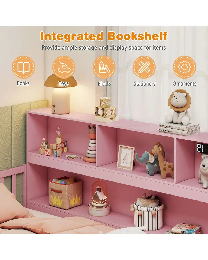 Twin Size Montessori Floor Bed with Bookcase-Pink - Pink - Trundle Bed Frame