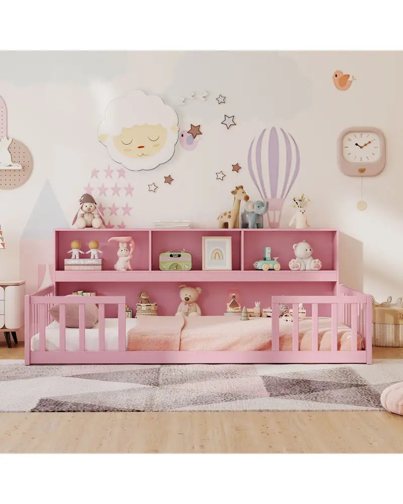 Twin Size Montessori Floor Bed with Bookcase-Pink - Pink - Trundle Bed Frame