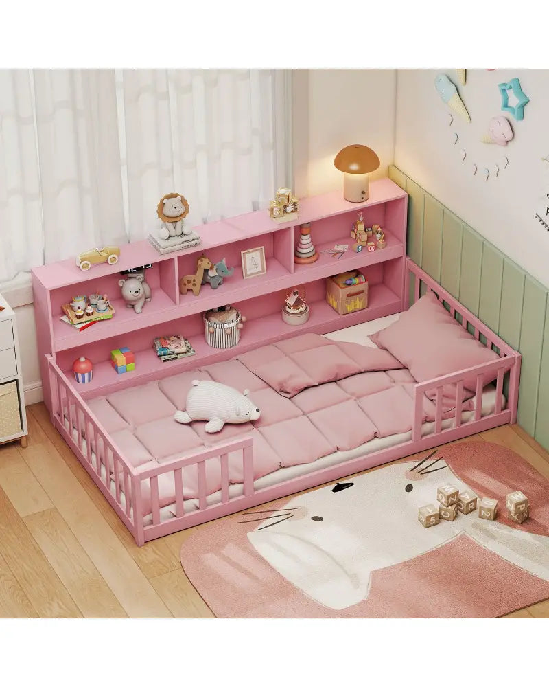 Twin Size Montessori Floor Bed with Bookcase-Pink - Pink - Trundle Bed Frame