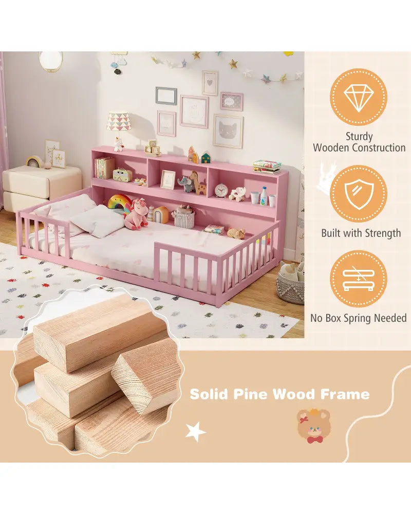 Twin Size Montessori Floor Bed with Bookcase-Pink - Pink - Trundle Bed Frame