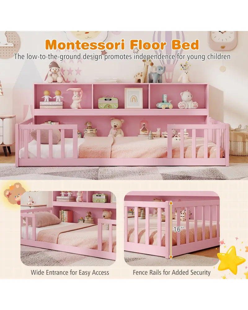Twin Size Montessori Floor Bed with Bookcase-Pink - Pink - Trundle Bed Frame