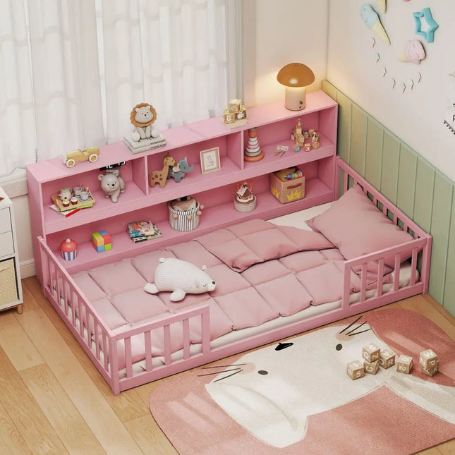 Twin Size Montessori Floor Bed with Bookcase-Pink - Pink - Trundle Bed Frame