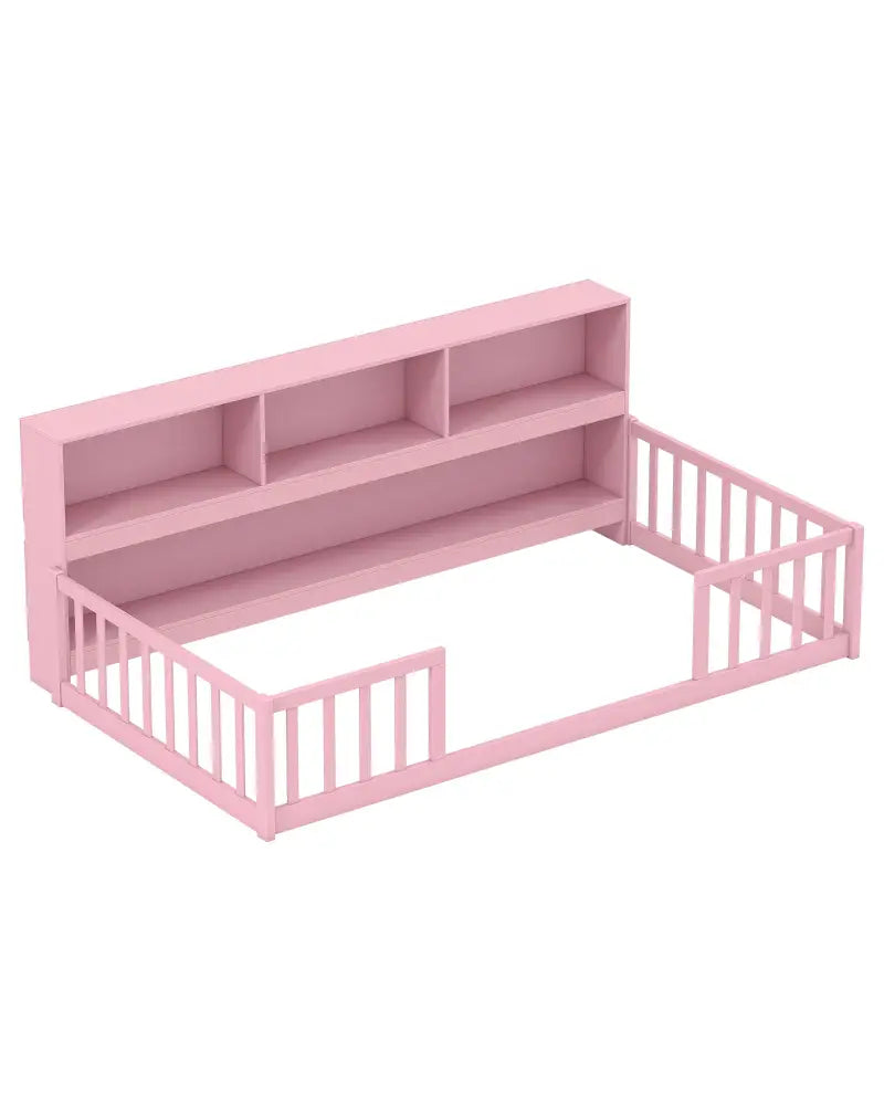 Twin Size Montessori Floor Bed with Bookcase-Pink - Pink - Trundle Bed Frame