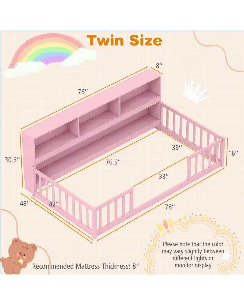 Twin Size Montessori Floor Bed with Bookcase-Pink - Pink - Trundle Bed Frame