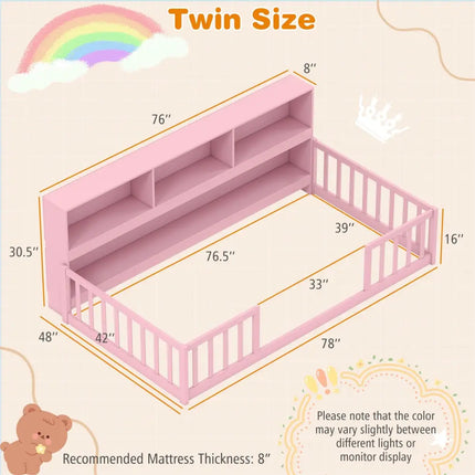 Twin Size Montessori Floor Bed with Bookcase-Pink - Pink - Trundle Bed Frame