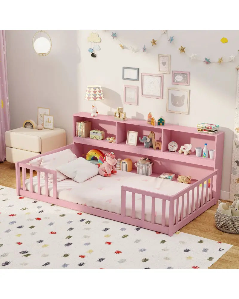 Twin Size Montessori Floor Bed with Bookcase-Pink - Pink - Trundle Bed Frame
