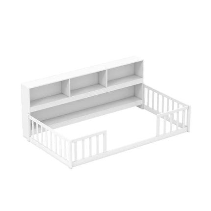 Twin Size Montessori Floor Bed with Bookcase-White - White - Trundle Bed Frame