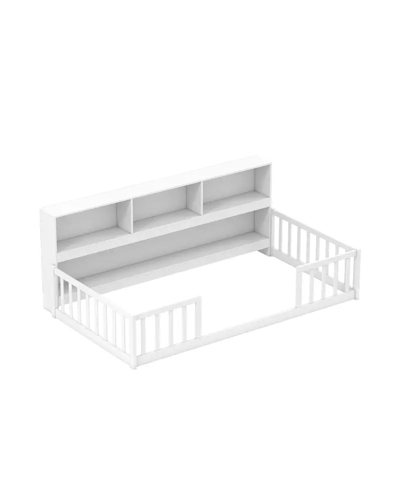 Twin Size Montessori Floor Bed with Bookcase-White - White - Trundle Bed Frame