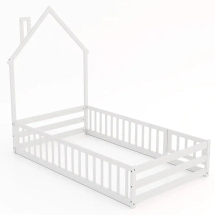 Twin Size Montessori Floor Bed with Lockable Door and Full-Length Guardrail-White - White - Toddler Beds