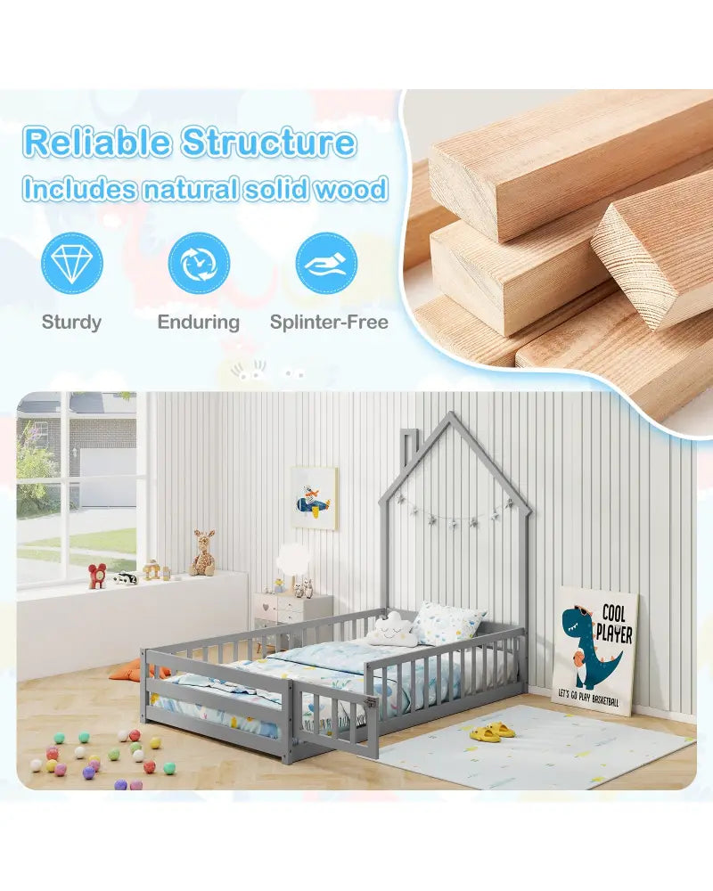 Twin Size Montessori Floor Bed with Lockable Door and Full-Length Guardrail-Gray - Gray - Toddler Beds