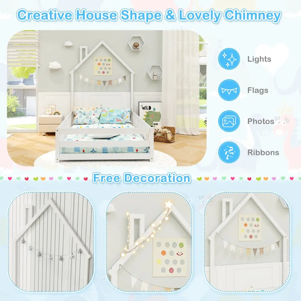 Twin Size Montessori Floor Bed with Lockable Door and Full-Length Guardrail-White - White - Toddler Beds