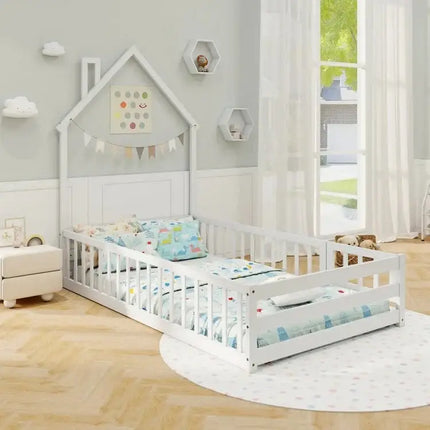 Twin Size Montessori Floor Bed with Lockable Door and Full Length Guardrail - White - Oasis Home Essentials