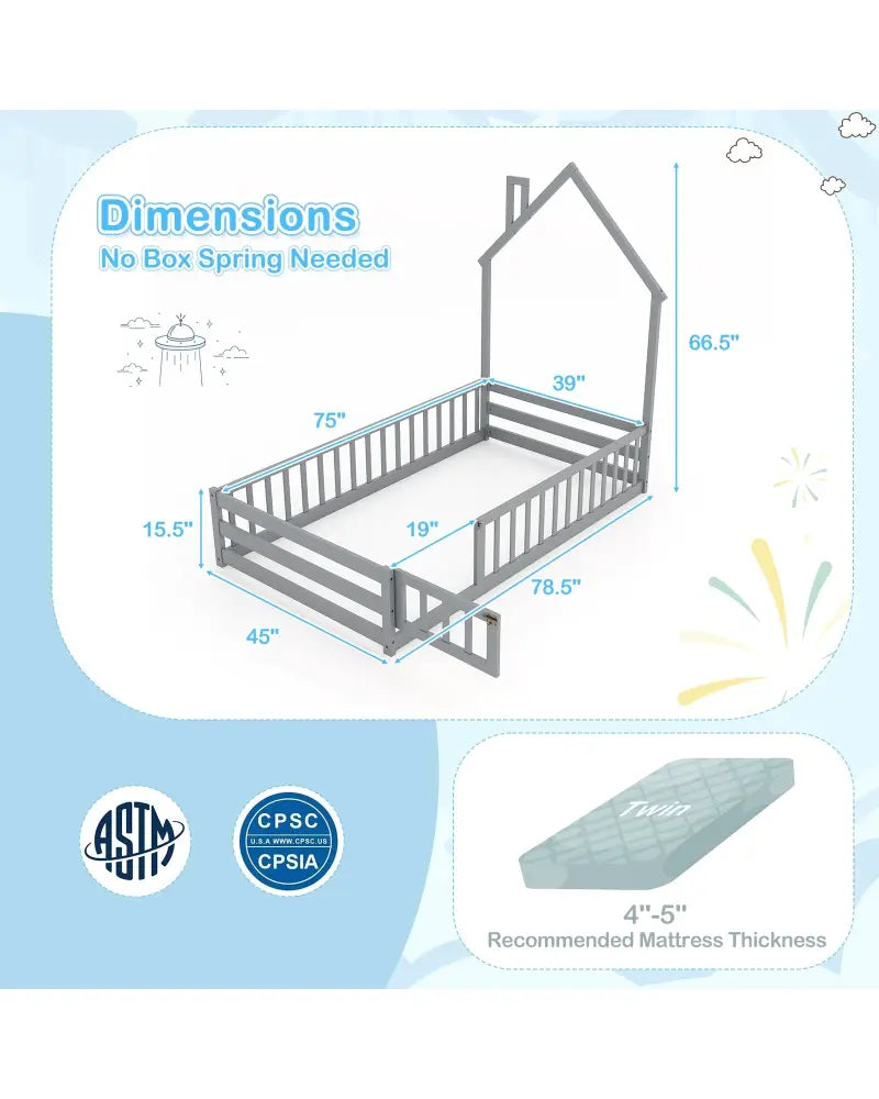 Twin Size Montessori Floor Bed with Lockable Door and Full-Length Guardrail-Gray - Gray - Toddler Beds