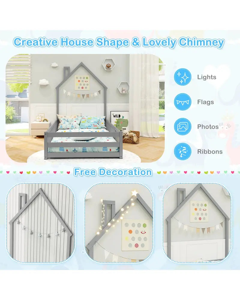 Twin Size Montessori Floor Bed with Lockable Door and Full-Length Guardrail-Gray - Gray - Toddler Beds