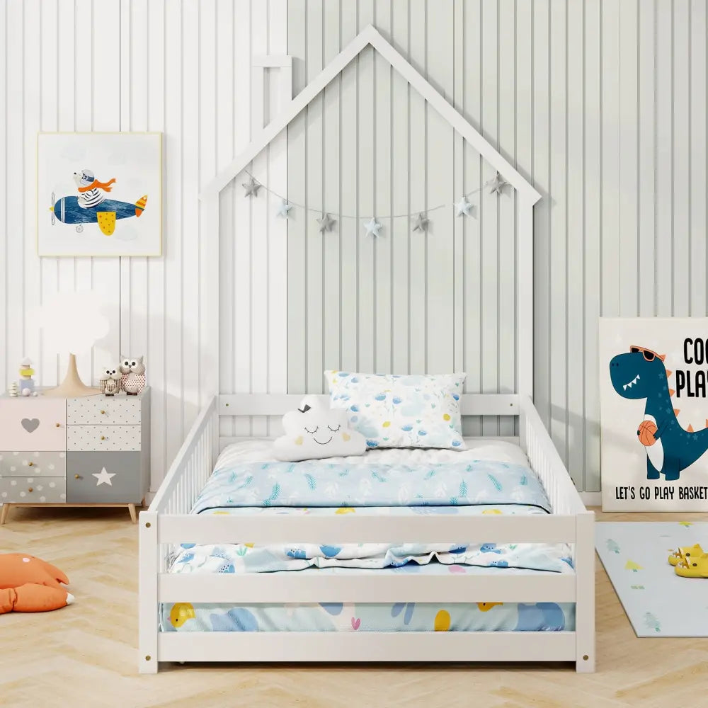 Twin Size Montessori Floor Bed with Lockable Door and Full-Length Guardrail-White - White - Toddler Beds