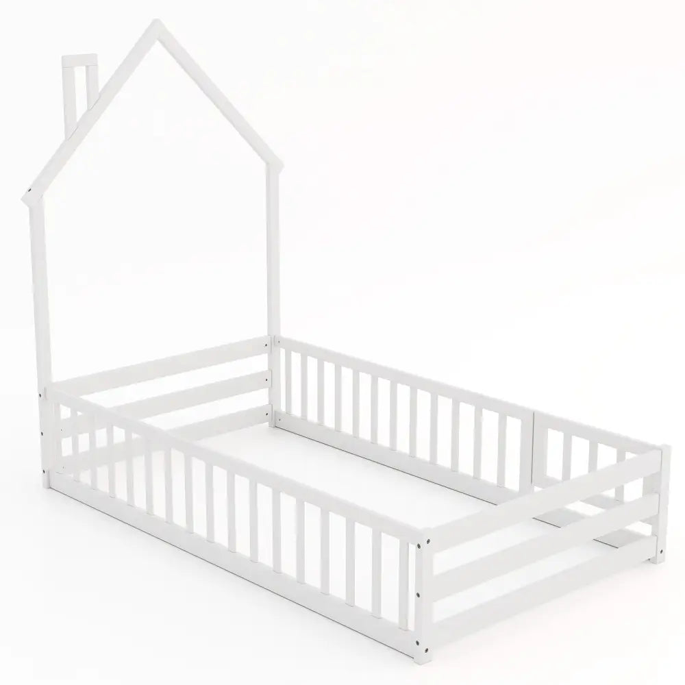 Twin Size Montessori Floor Bed with Lockable Door and Full-Length Guardrail-White - White - Toddler Beds