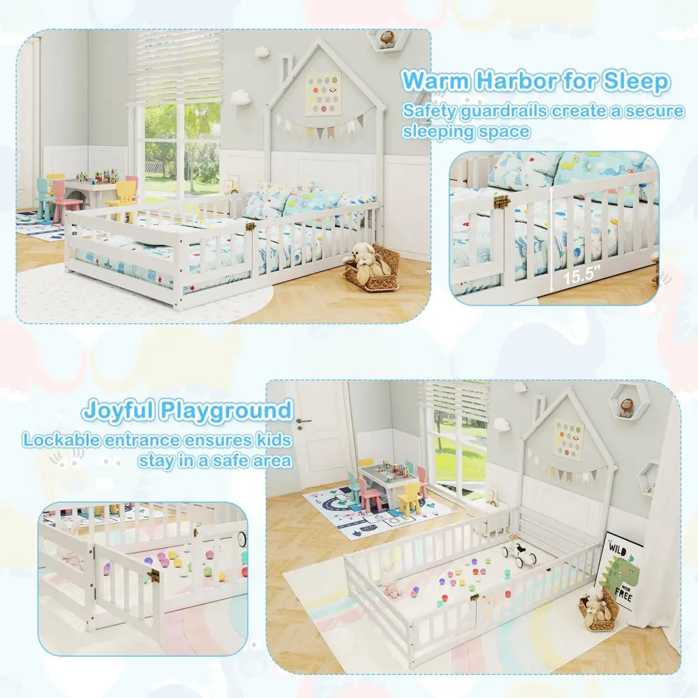 Twin Size Montessori Floor Bed with Lockable Door and Full-Length Guardrail-White - White - Toddler Beds