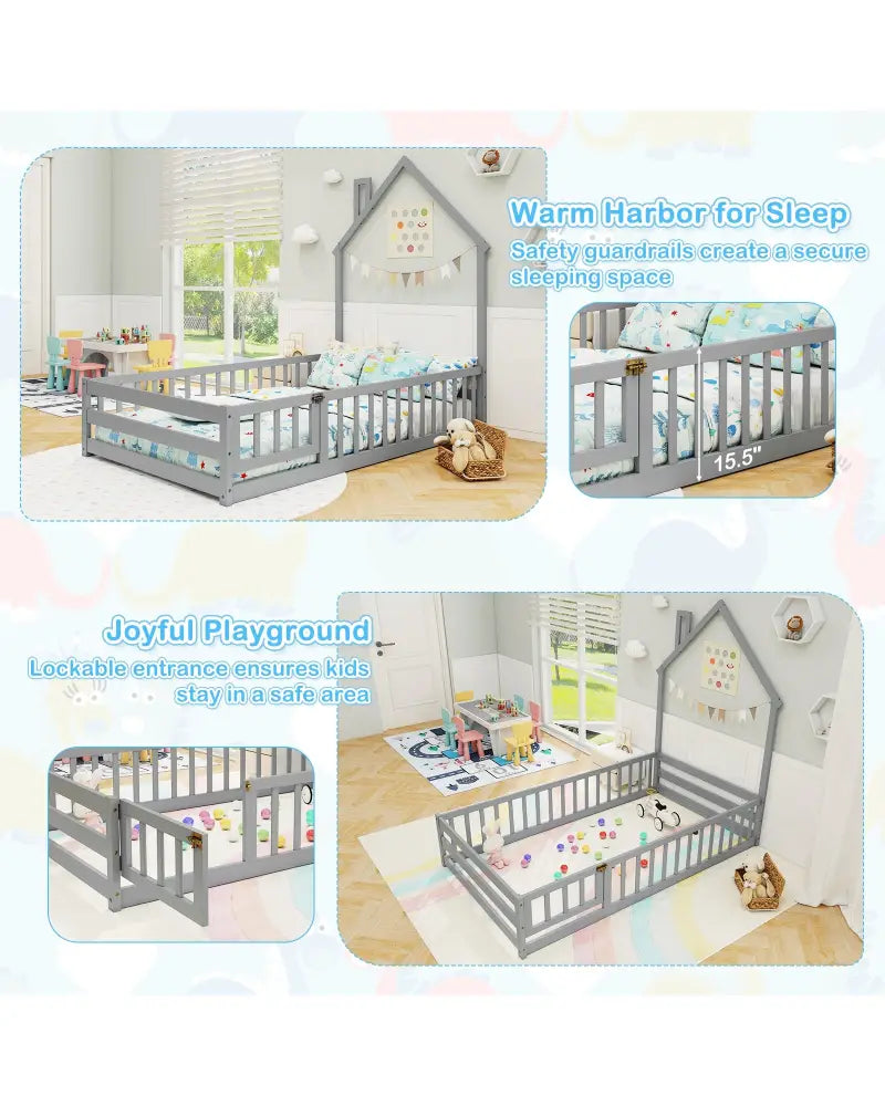Twin Size Montessori Floor Bed with Lockable Door and Full-Length Guardrail-Gray - Gray - Toddler Beds