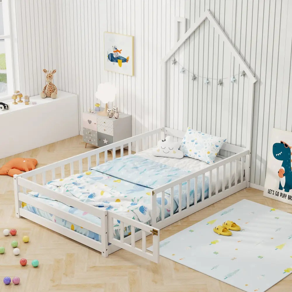 Twin Size Montessori Floor Bed with Lockable Door and Full-Length Guardrail-White - White - Toddler Beds