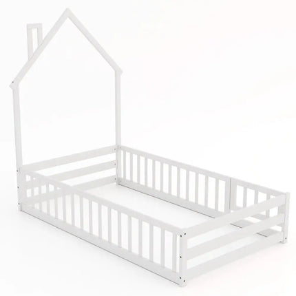 Twin Size Montessori Floor Bed with Lockable Door and Full Length Guardrail - White - Oasis Home Essentials