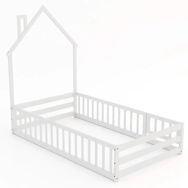 Twin Size Montessori Floor Bed with Lockable Door and Full Length Guardrail - White - Oasis Home Essentials