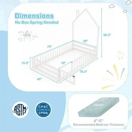 Twin Size Montessori Floor Bed with Lockable Door and Full Length Guardrail - White - Oasis Home Essentials