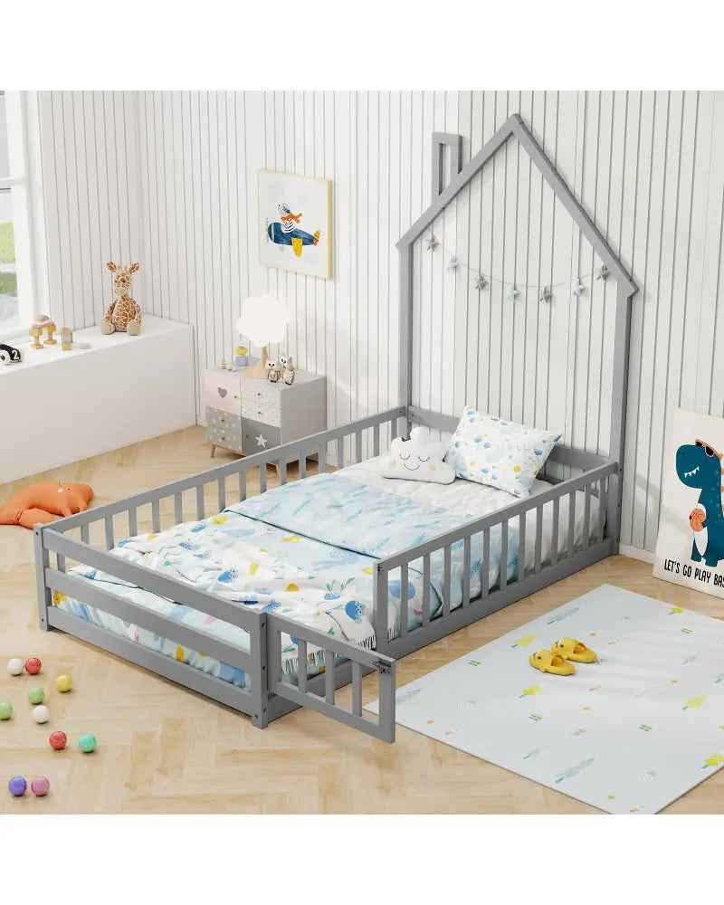 Twin Size Montessori Floor Bed with Lockable Door and Full-Length Guardrail-Gray - Gray - Toddler Beds
