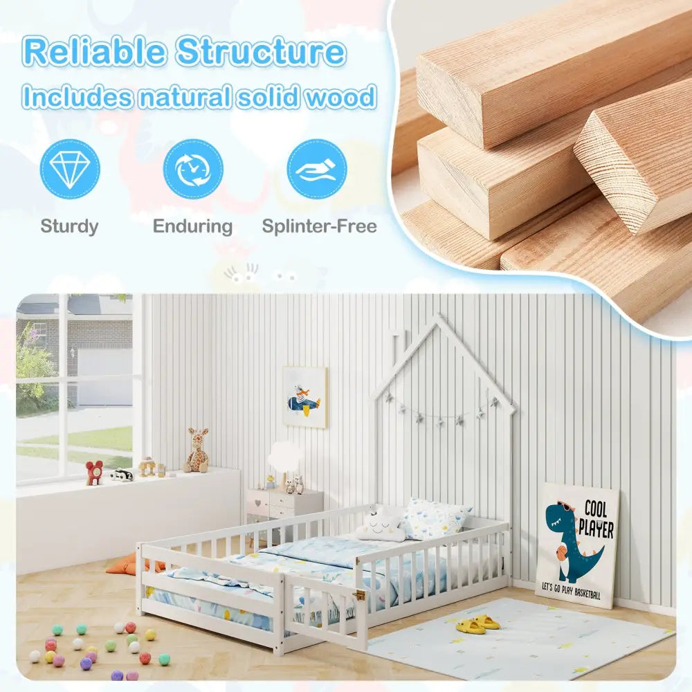 Twin Size Montessori Floor Bed with Lockable Door and Full-Length Guardrail-White - White - Toddler Beds