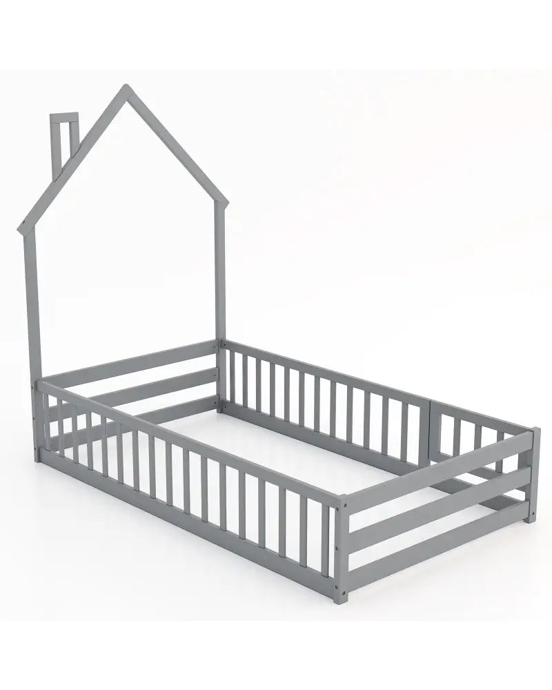 Twin Size Montessori Floor Bed with Lockable Door and Full-Length Guardrail-Gray - Gray - Toddler Beds