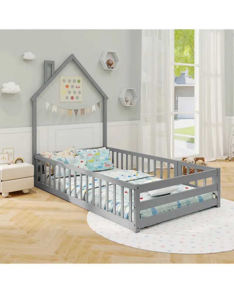 Twin Size Montessori Floor Bed with Lockable Door and Full-Length Guardrail-Gray - Gray - Toddler Beds