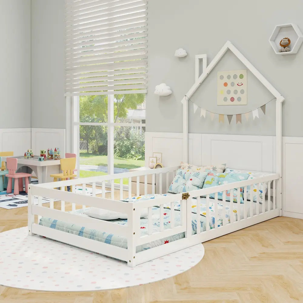 Twin Size Montessori Floor Bed with Lockable Door and Full-Length Guardrail-White - White - Toddler Beds