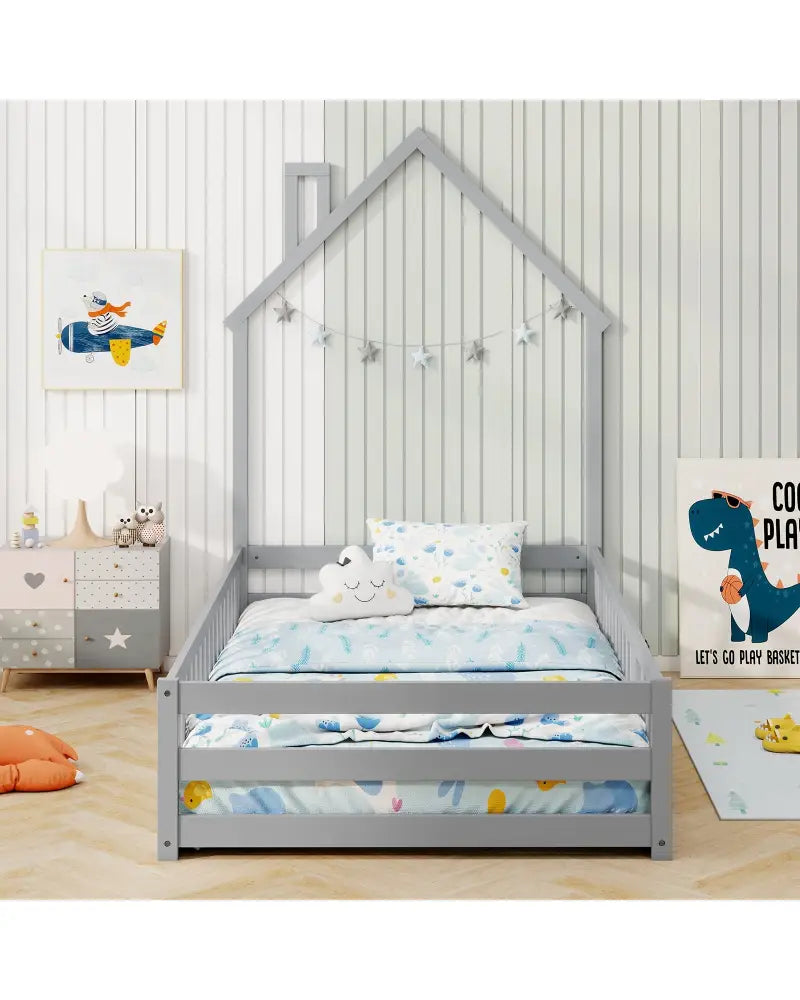 Twin Size Montessori Floor Bed with Lockable Door and Full-Length Guardrail-Gray - Gray - Toddler Beds