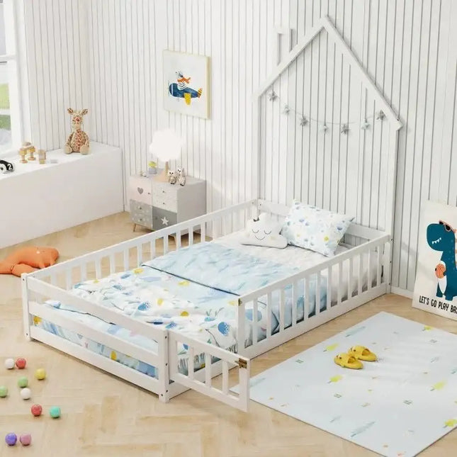 Twin Size Montessori Floor Bed with Lockable Door and Full Length Guardrail - White - Oasis Home Essentials