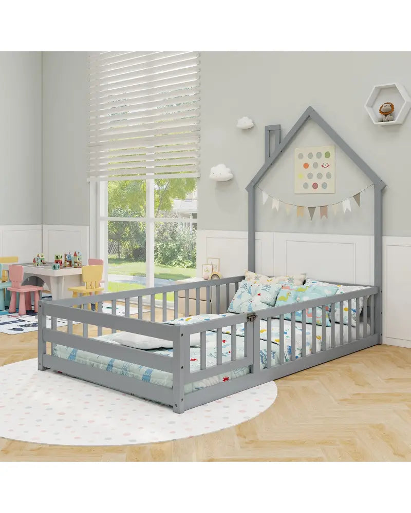 Twin Size Montessori Floor Bed with Lockable Door and Full-Length Guardrail-Gray - Gray - Toddler Beds