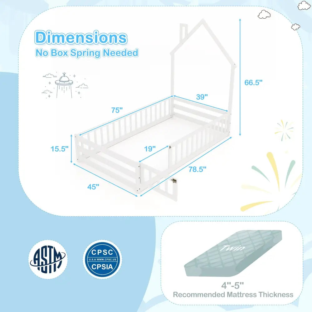 Twin Size Montessori Floor Bed with Lockable Door and Full-Length Guardrail-White - White - Toddler Beds