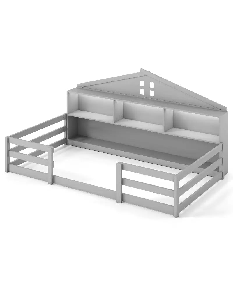Twin Size Montessori Floor Bed with Storage Compartments and Shelf-Gray - Gray - Trundle Bed Frame